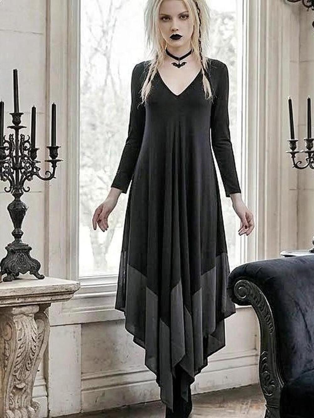Gracia Gothic Black V-Neck Handkerchief Hem Maxi Dress Ize S